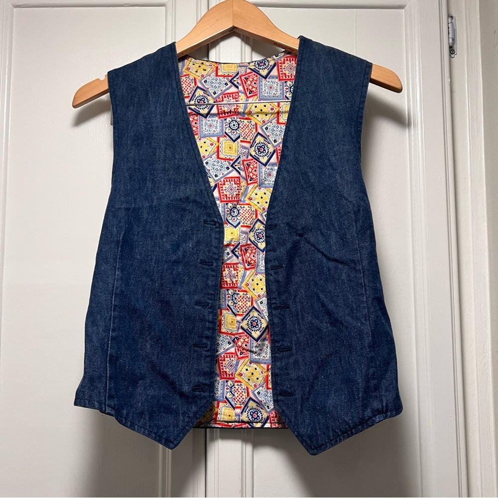 Reversible Denim Patchwork Print Vest Boho Colorful Indie Cottagecore Open Front
